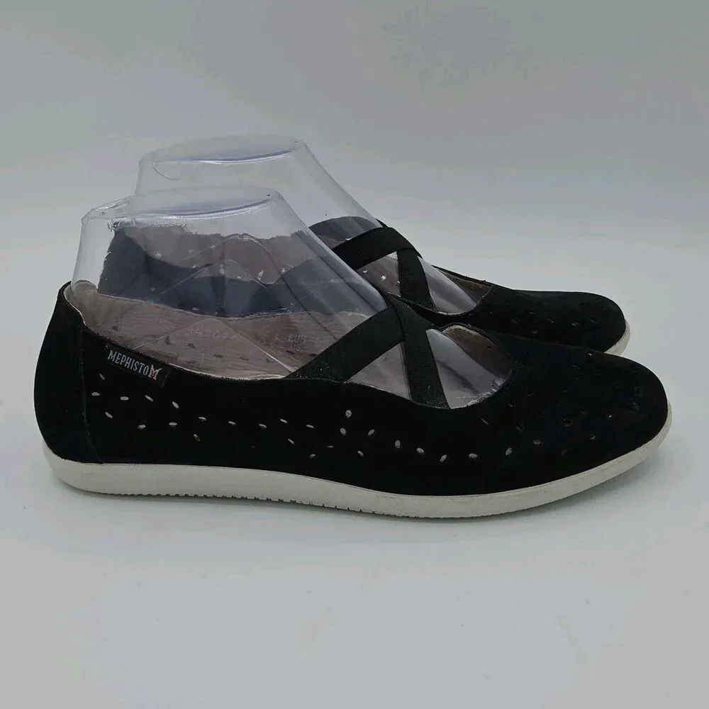 Mephisto Karla Perforated Ballet Flats Women Size 6.5 Black Suede Comfort Shoes